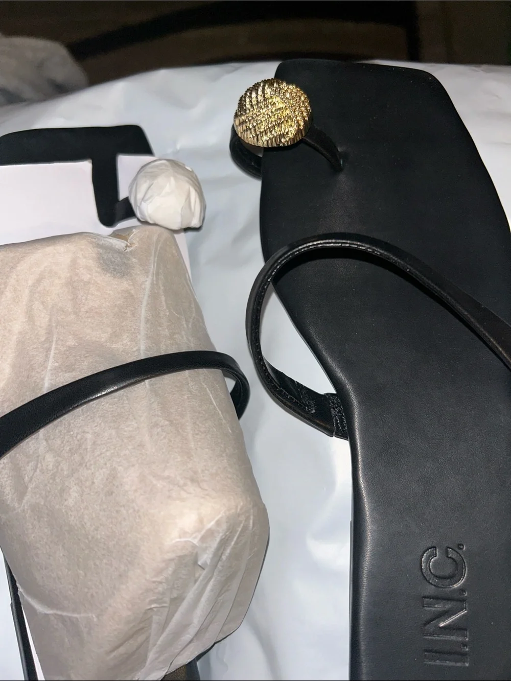 INC International Concepts Black Sandal with Gold Toe Accent